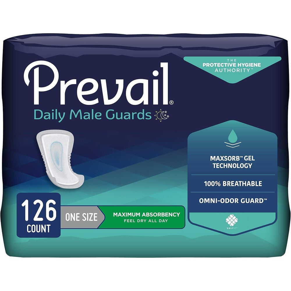 Prevail Male Guards Maximum Absorbency 126 count bulk pack front view.