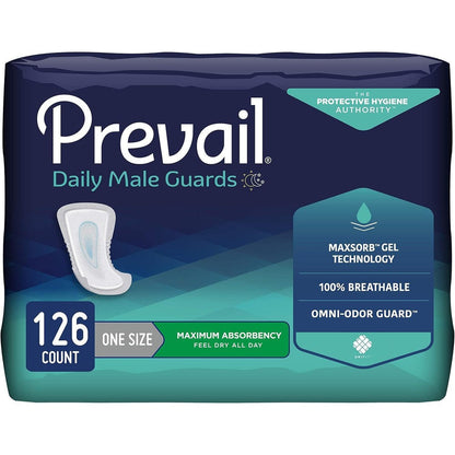 Prevail Male Guards Maximum Absorbency 126 count bulk pack front view.