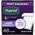 Depend disposable incontinence underpads packaging front view showing overnight absorbency bed pads.
