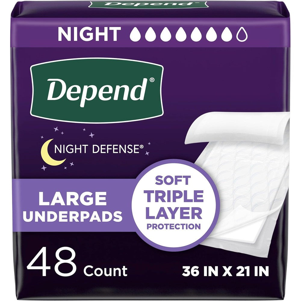 Depend disposable incontinence underpads packaging front view showing overnight absorbency bed pads.