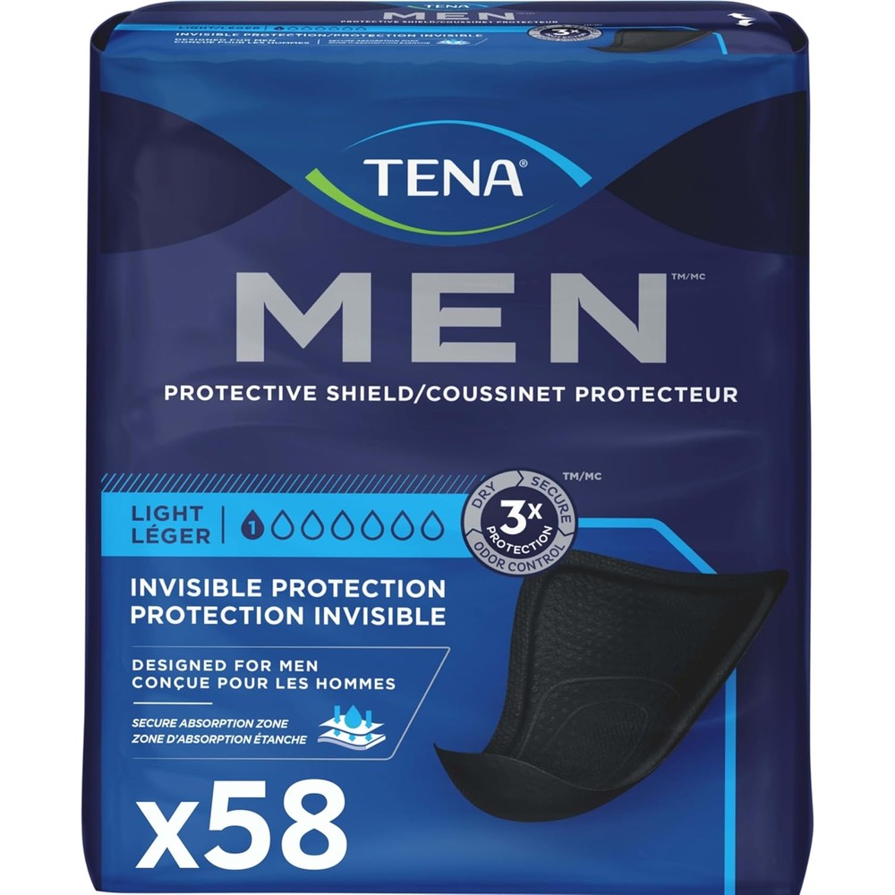Tena Men Light Incontinence Protective Shield 58 Count front retail packaging view