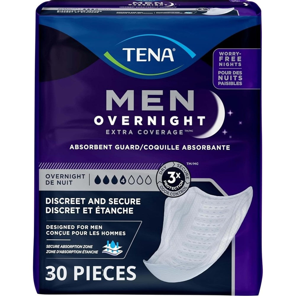 TENA Men Overnight Incontinence Protective Guard front view packaging showing 30 count
