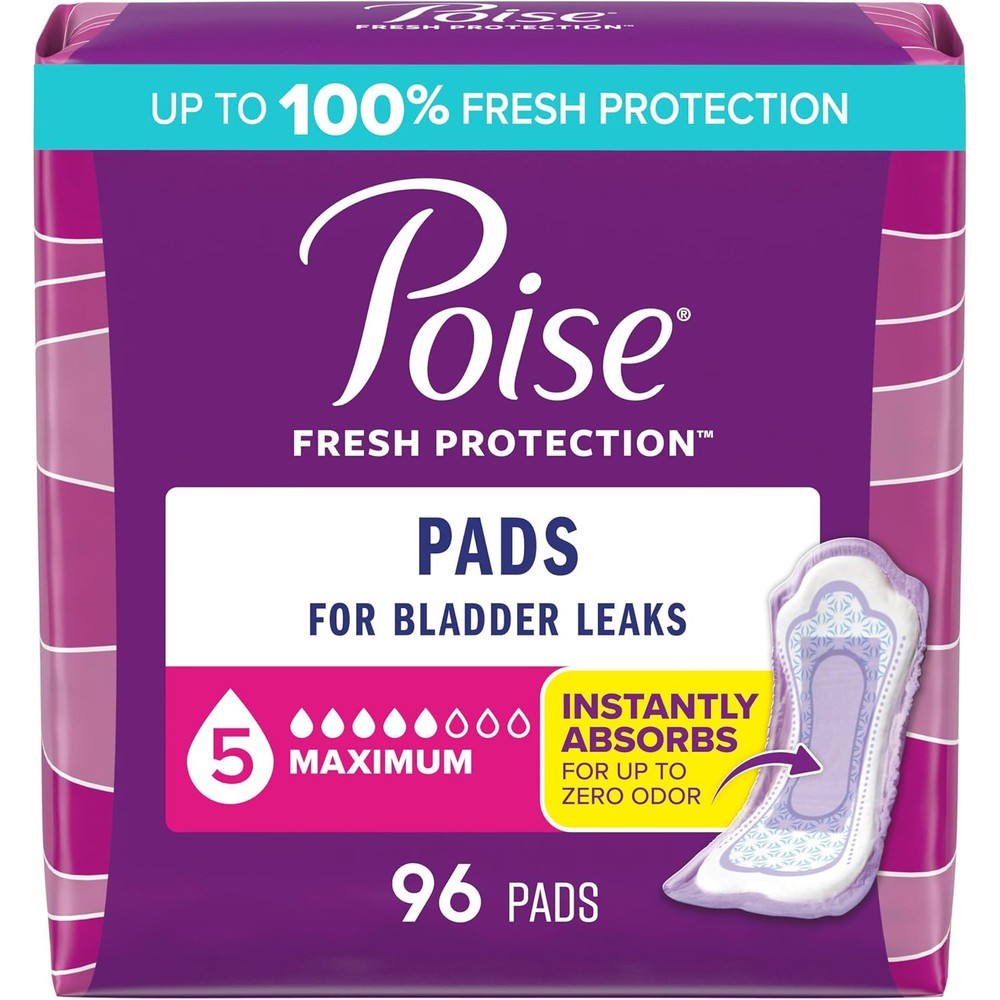 Poise Incontinence and Postpartum Pads 96 count packaging front view for authentic USA imported bladder leak protection