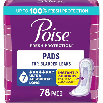 Poise Incontinence and Postpartum Pads 78 count pack front view showing 7 drop ultra absorbency rating