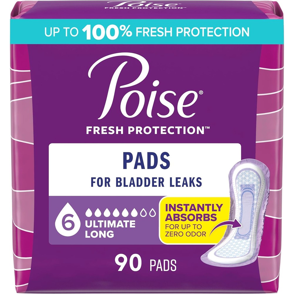 Poise Incontinence and Postpartum Pads 90 count front packaging view