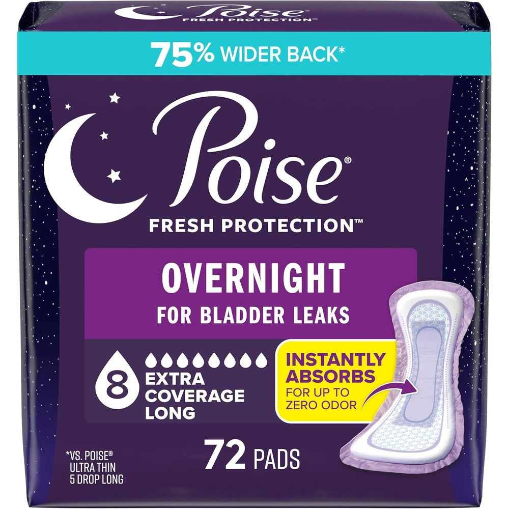 Poise overnight incontinence pads seventy two count box front view showing ultimate absorbency rating.
