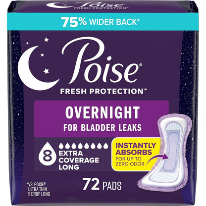 Poise overnight incontinence pads seventy two count box front view showing ultimate absorbency rating.
