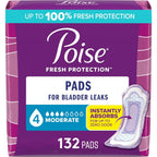 Poise Incontinence And Postpartum Pads package front view showing 132 count pack