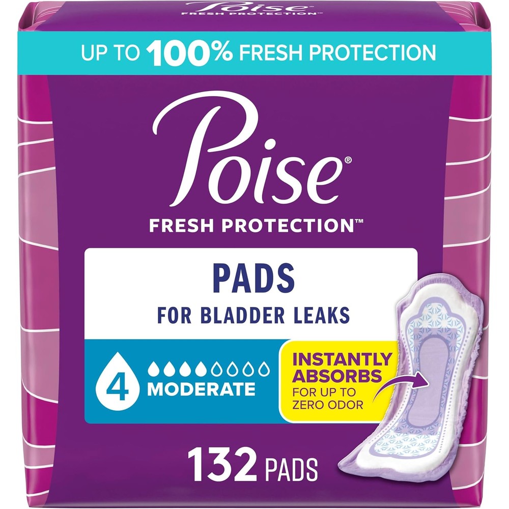 Poise Incontinence And Postpartum Pads package front view showing 132 count pack