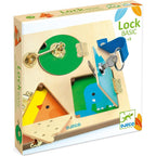 Djeco LockBasic wooden puzzle front view showing three metal locks and doors