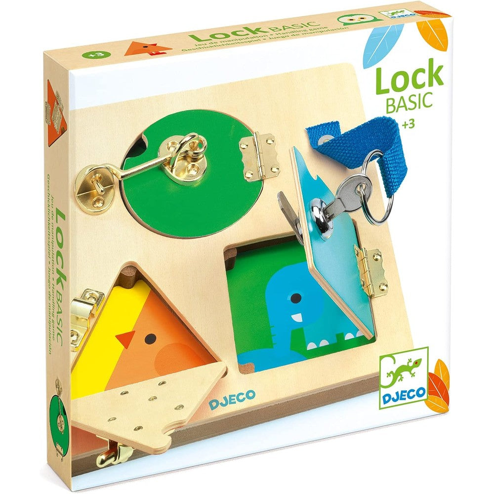 Djeco LockBasic wooden puzzle front view with interactive metal locks.