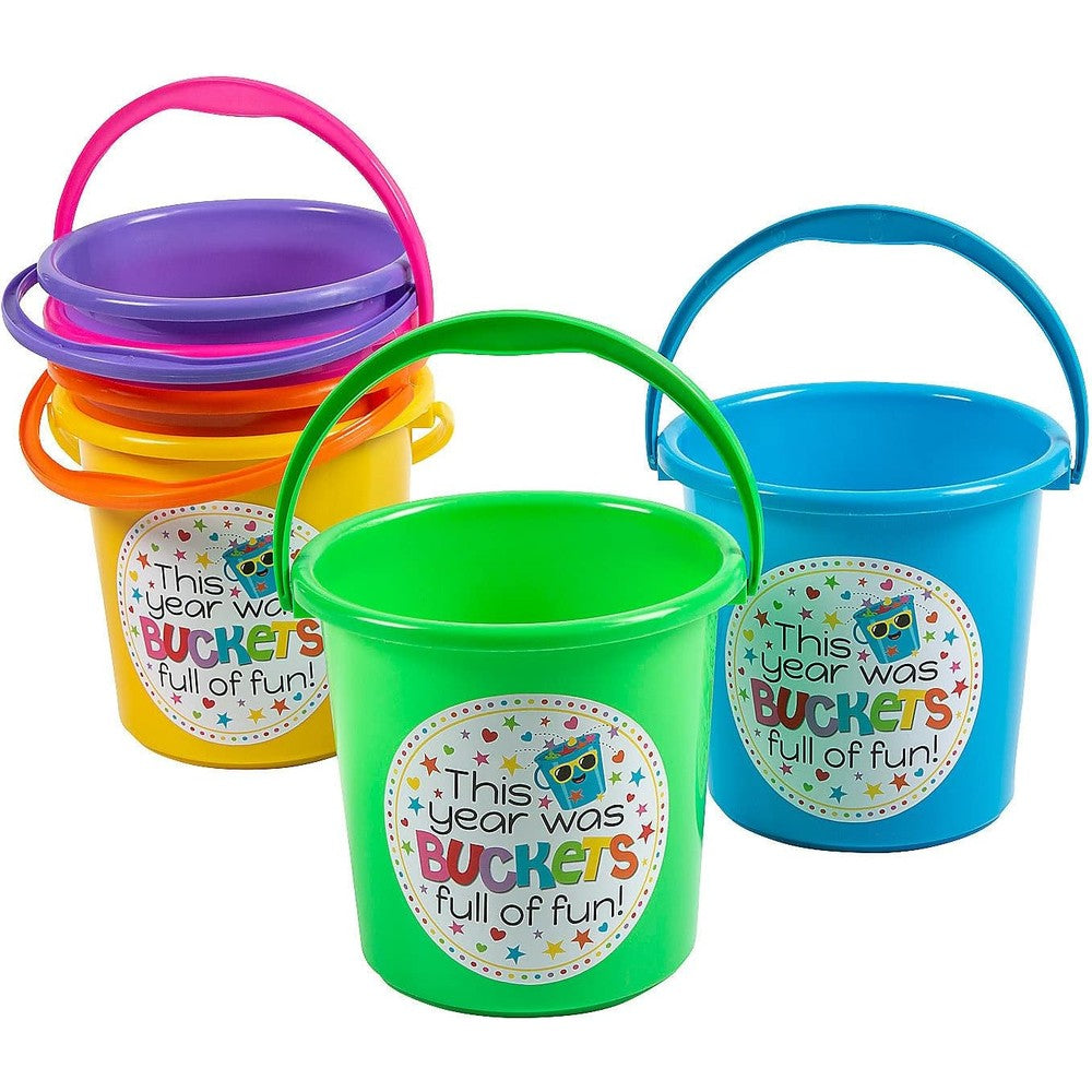 OTC End Of Year Buckets Of Fun Kit Assortment featuring colorful plastic sand buckets with handles and student gift stickers front view