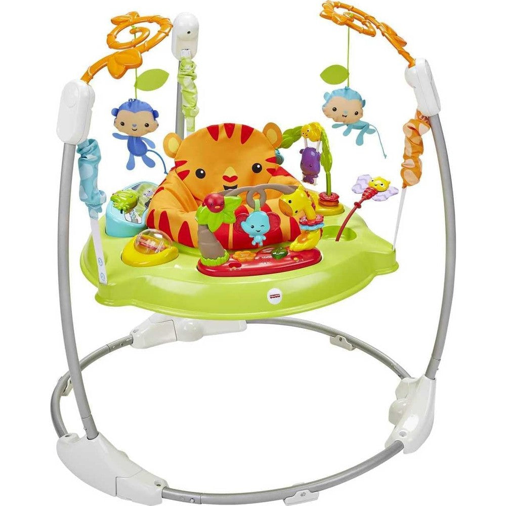 Fisher-Price Roarin' Rainforest Jumperoo front view with hanging toys