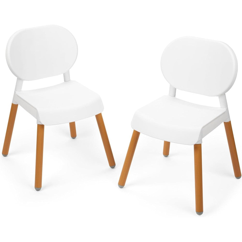 Skip Hop toddler activity chairs front view showing white seats and faux wood accents.