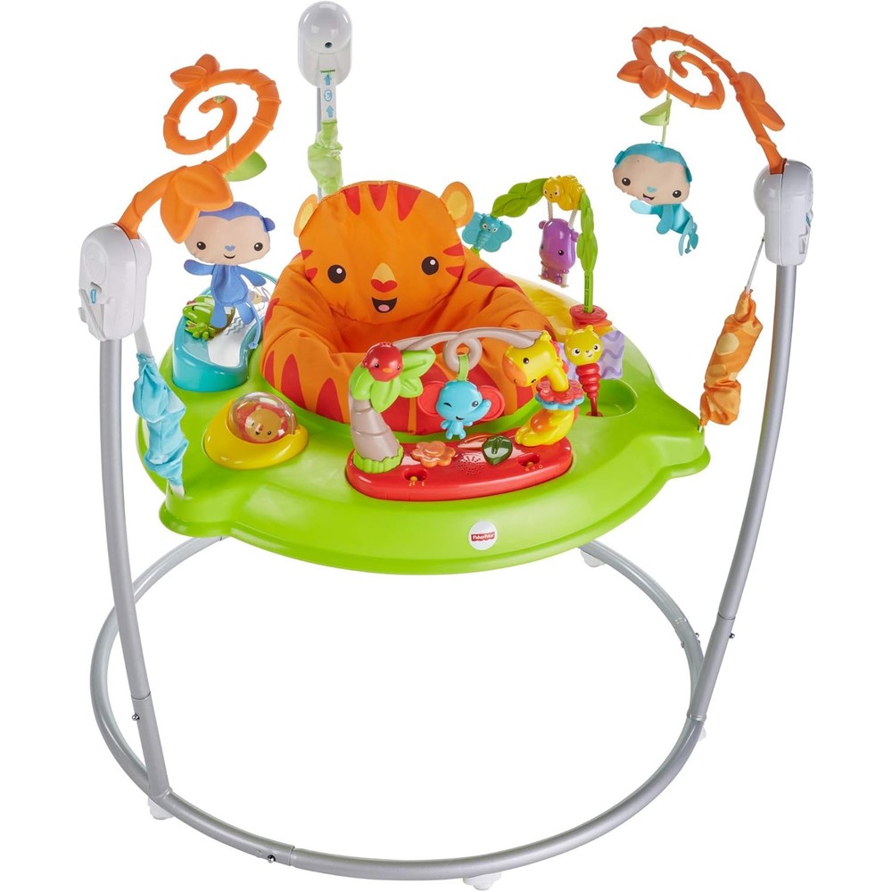 Fisher-Price Tiger Time Jumperoo front view showing the vibrant green tray and orange tiger seat pad.