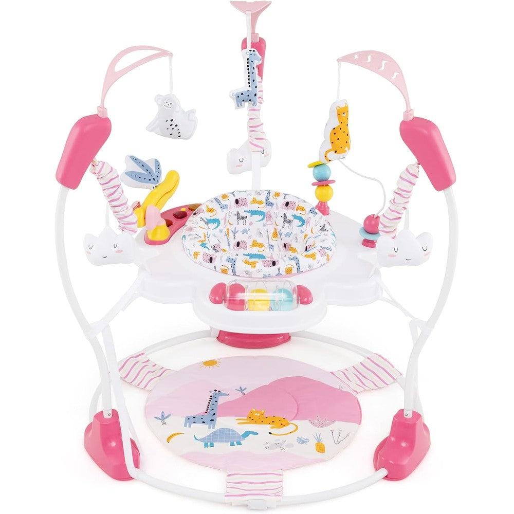 Infans baby activity center front view showcasing the pink color and 360 degree rotating seat.