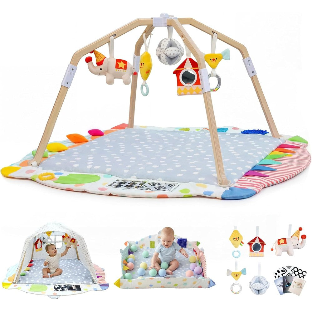 Kizfarm baby play gym mat front view with wooden frame