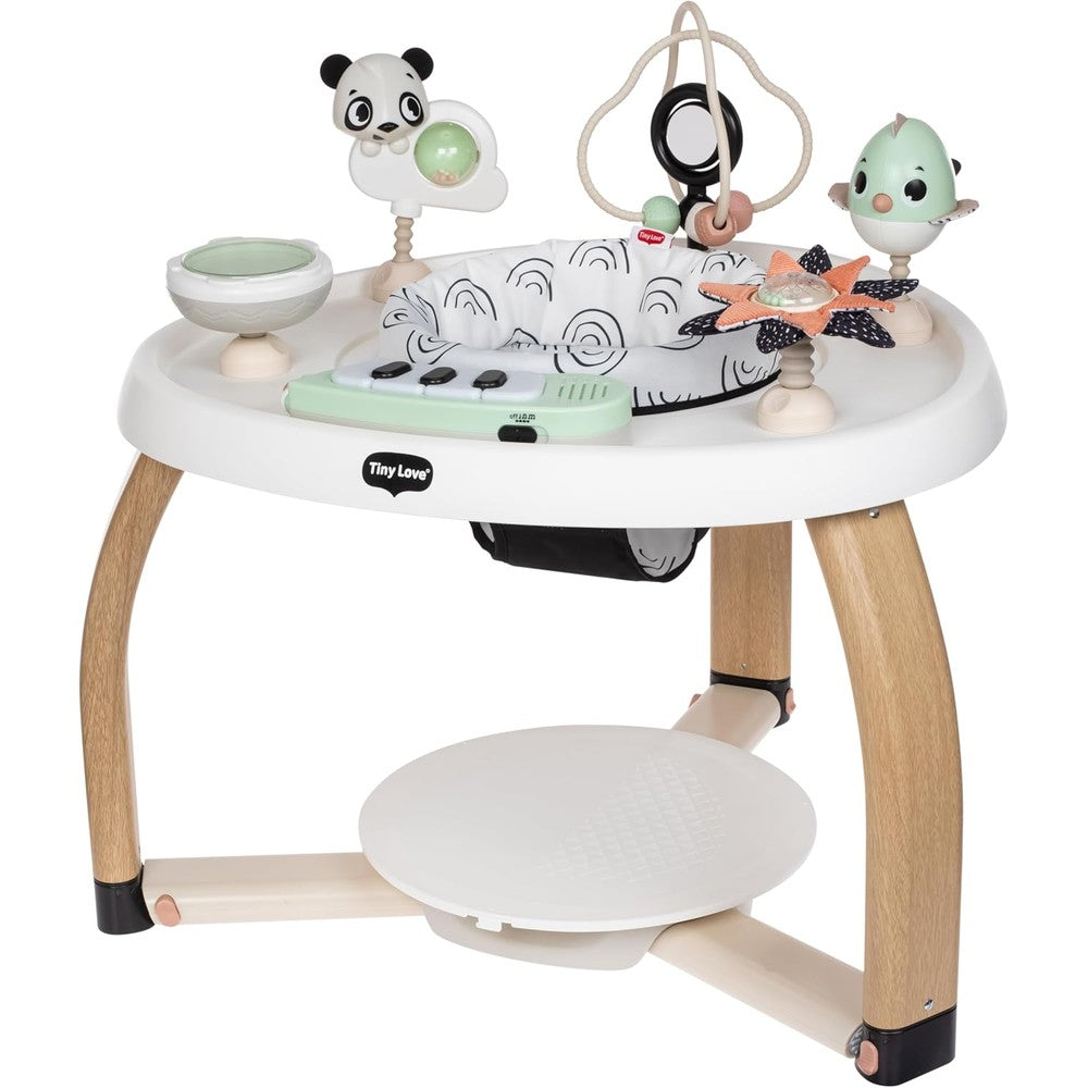 Tiny Love 5-in-1 activity center front view showcasing black and white decor.