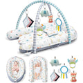 Jyusmile 7-In-1 Infant Gym Play Mat front view showing cushioned activity area and overhead arches.