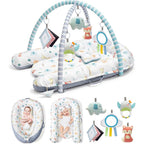 Jyusmile 7-In-1 Infant Gym Play Mat front view showing cushioned activity area and overhead arches.