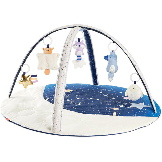 Skip Hop Celestial Dreams Activity Gym front view showing quilted mat and overhead toys