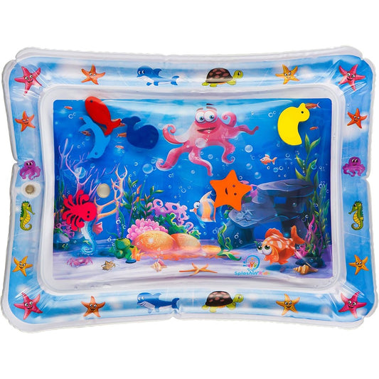 Splashin'kids Inflatable Tummy Time Premium Water Mat front view showing vibrant underwater cartoon characters and internal floating foam toys.