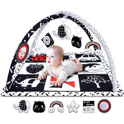 Poycuna black and white baby gym play mat front view with overhead arches