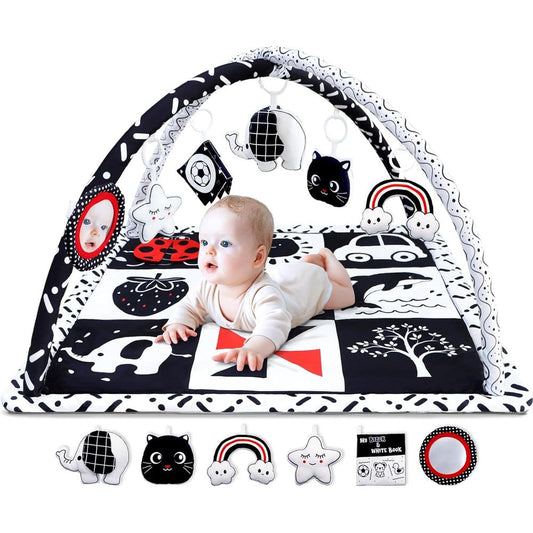 Poycuna black and white baby gym play mat front view with overhead arches