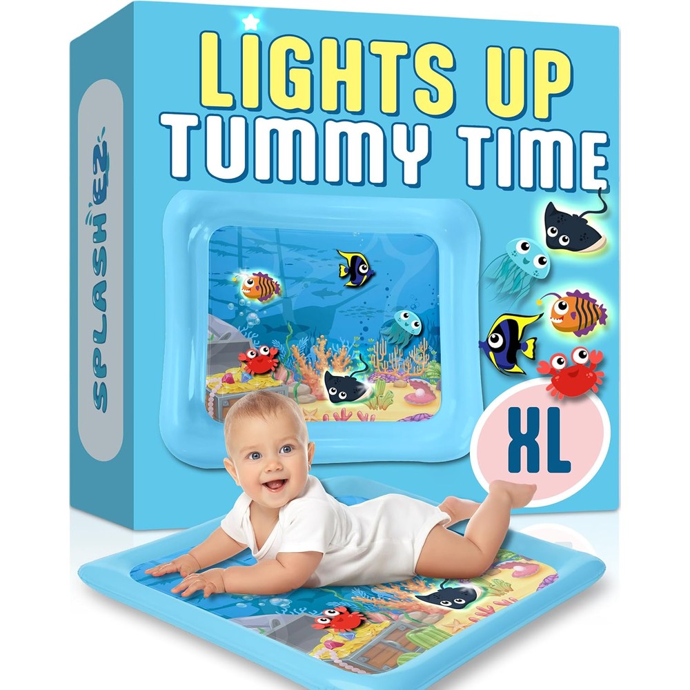 SplashEZ Lights Up Tummy Time Water Mat front view showing LED toys.