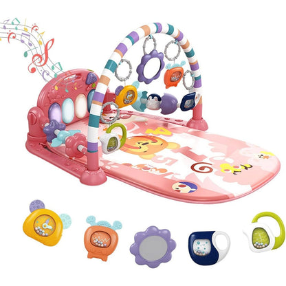 Dearlomum baby play mat gym front view showcasing the pink fabric layout and overhead toy arch