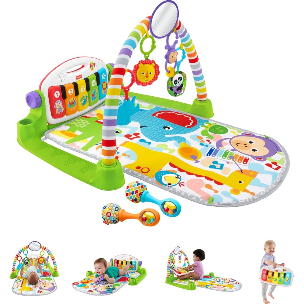 Fisher-Price Deluxe Kick and Play Piano Gym front view showing multicolor mat and light up keyboard