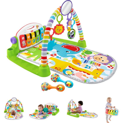Fisher-Price Deluxe Kick and Play Piano Gym front view showing multicolor mat and light up keyboard