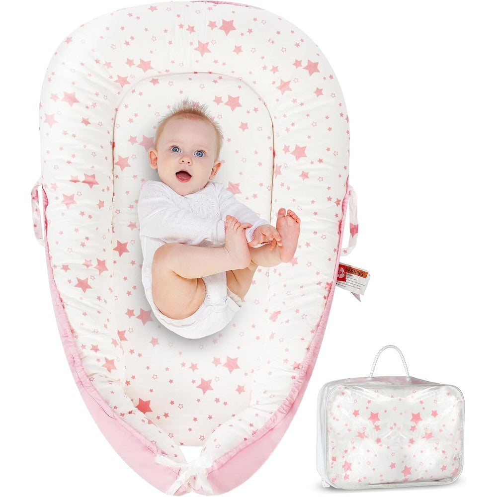 Teeaoe baby lounger front view in pink star pattern