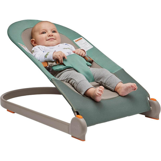 Boon Slant portable baby bouncer front view in dark green