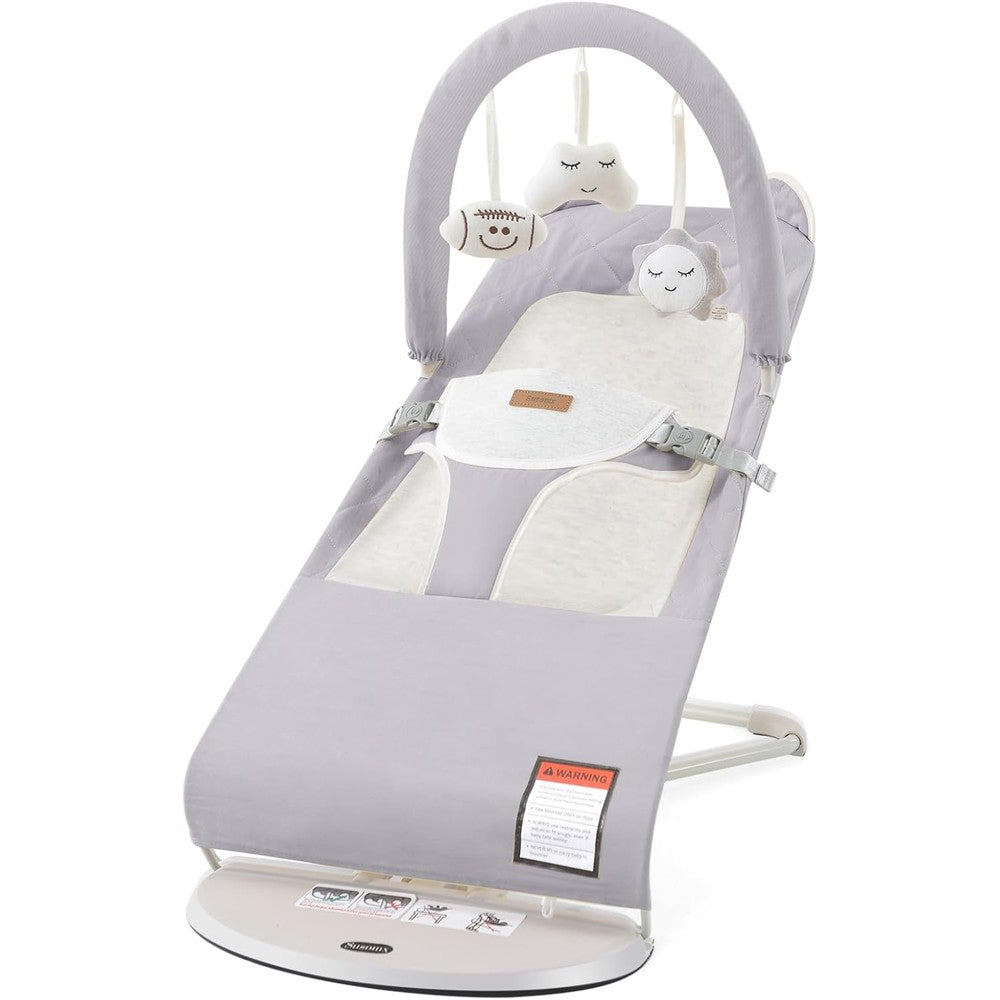 Taylengrow Baby Susomx foldable infant bouncer front view in grey soft cotton fabric