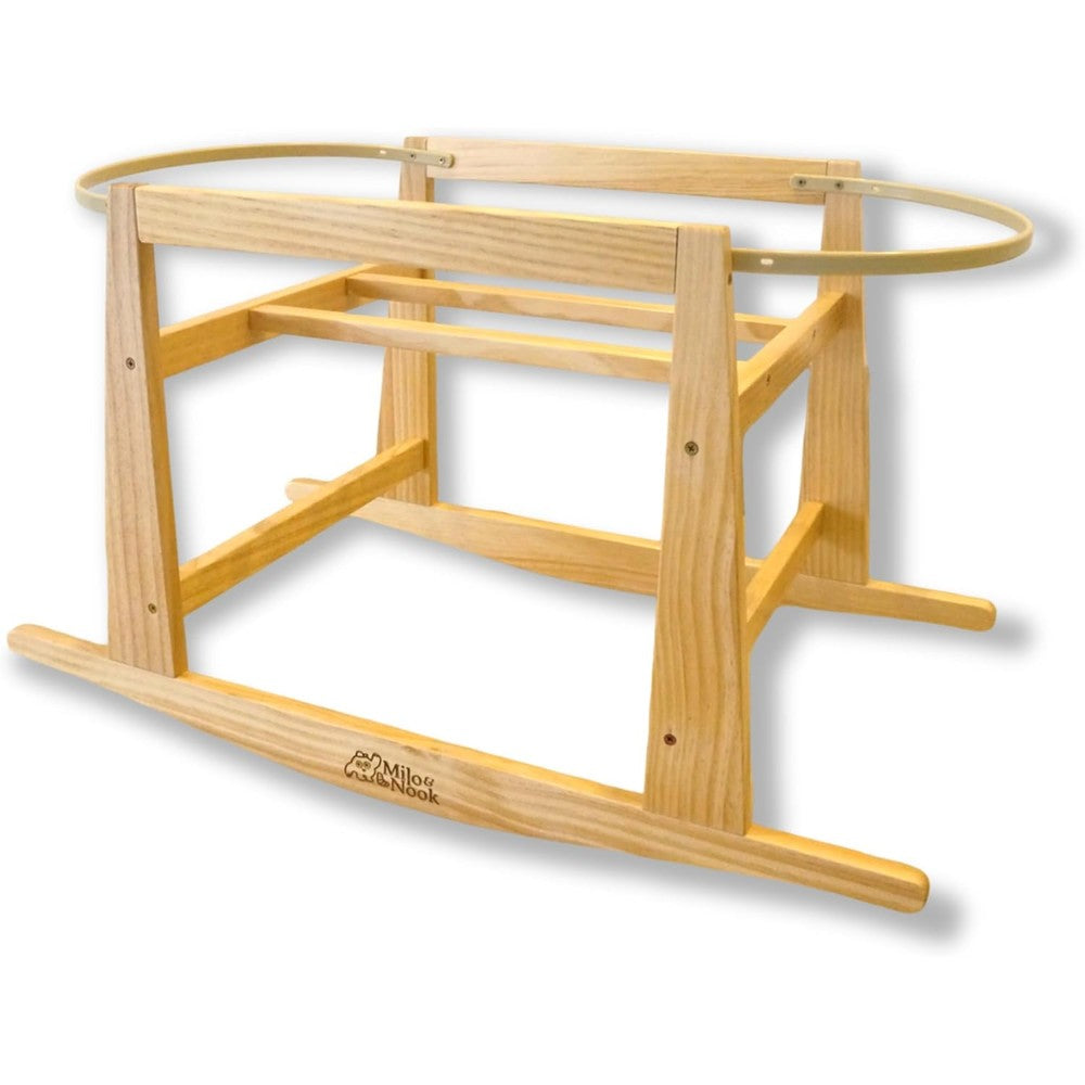Milo And Nook baby moses basket stand front view in natural wood finish