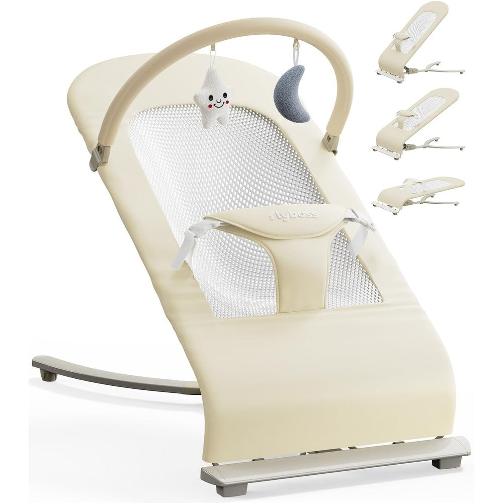 Flyboss 3-in-1 portable baby bouncer and rocker chair front view in oatmeal khaki