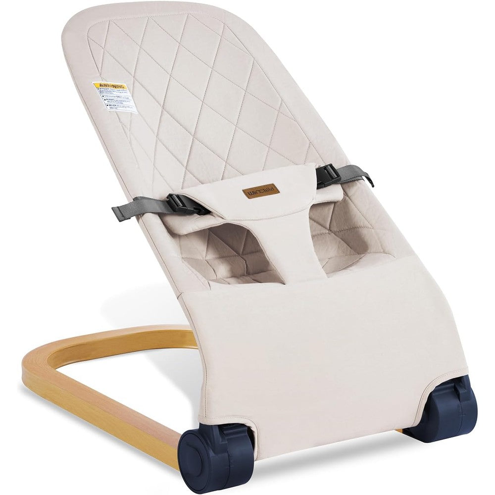Winchild portable baby bouncer front view showing beige fabric and wood grain base