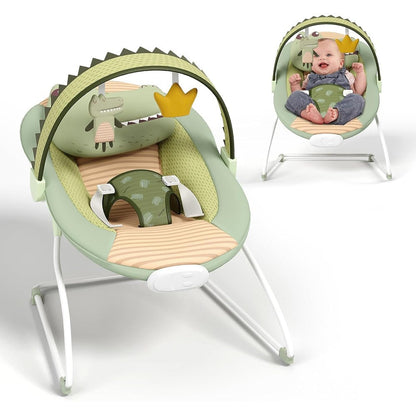 Bright Starts portable baby bouncer front view in green.