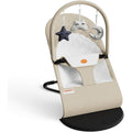 Mommyhug portable baby bouncer seat front view showing oatmeal fabric and frame