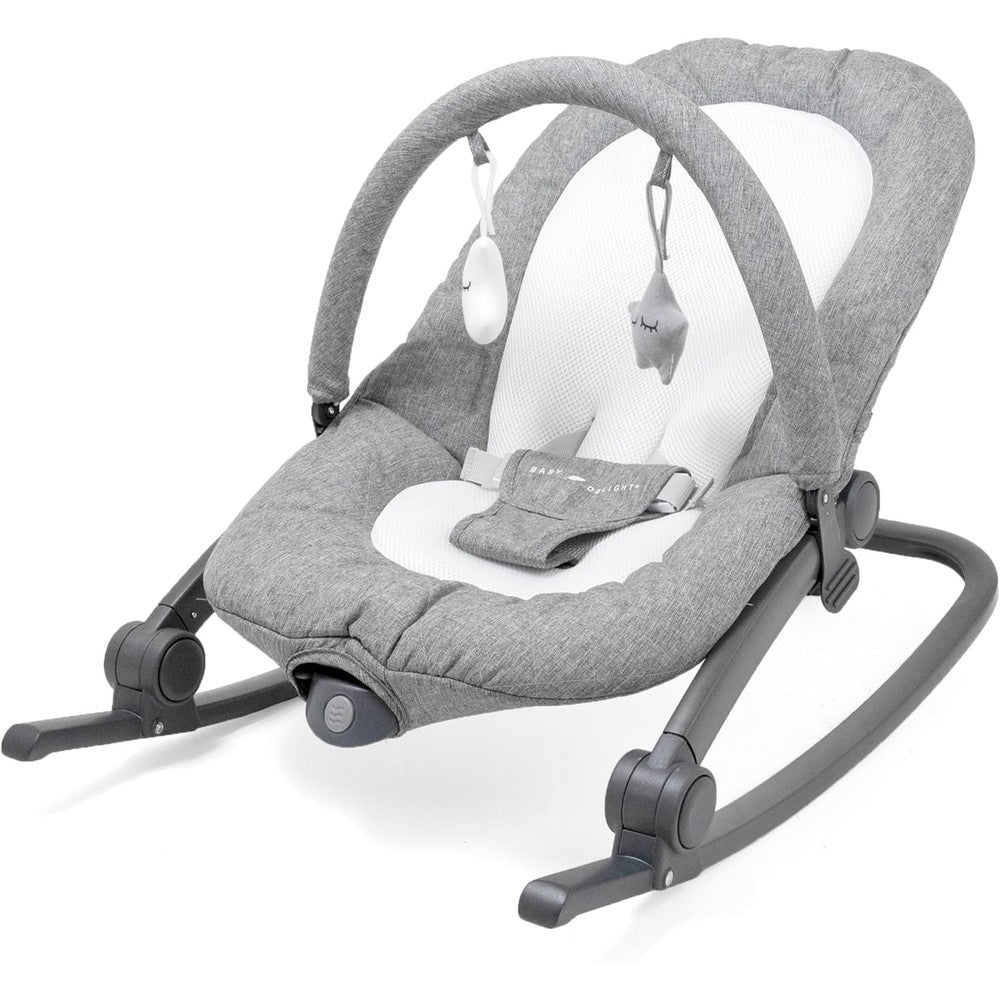 Baby Delight Aura Deluxe Portable Baby Bouncer front view in quilted charcoal tweed