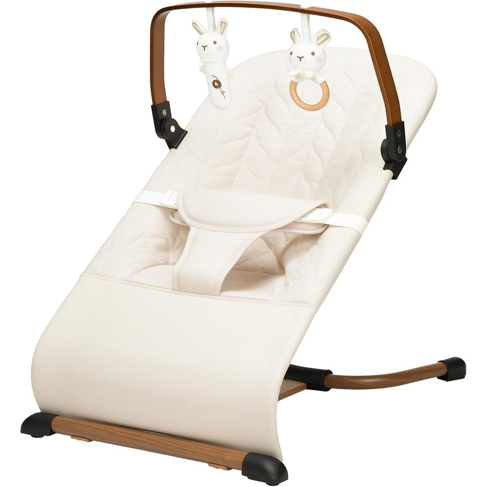 Wnttmt portable baby bouncer front view displaying beige seat and wood-grain base.