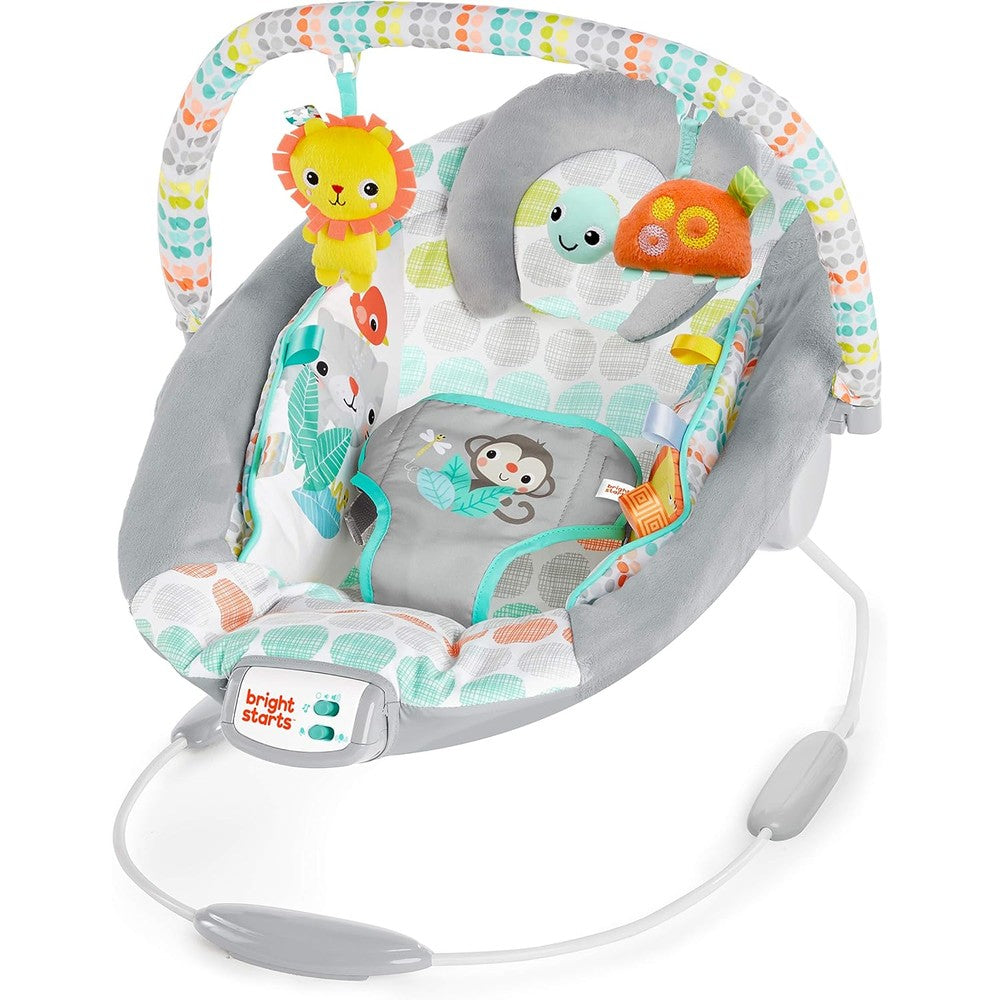 Bright Starts Whimsical Wild baby bouncer front view showing plush seat pad.