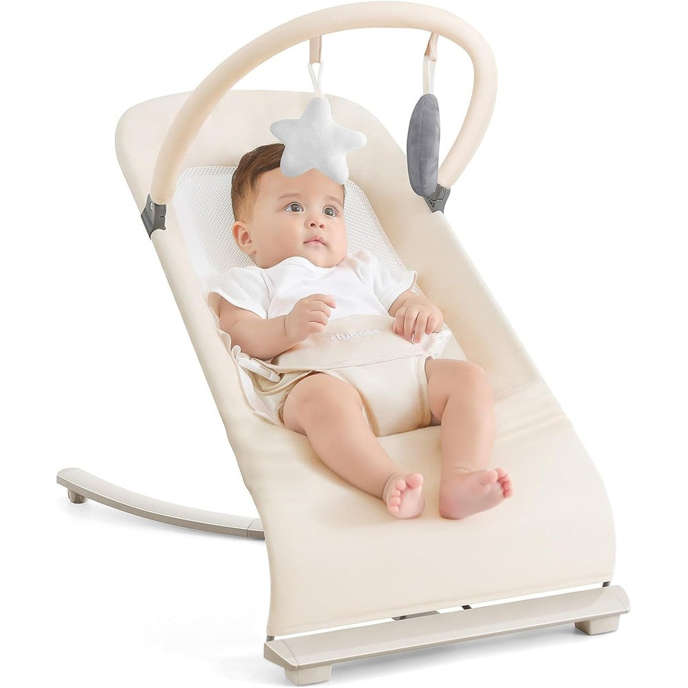 Flyboss baby bouncer front view in oatmeal khaki color