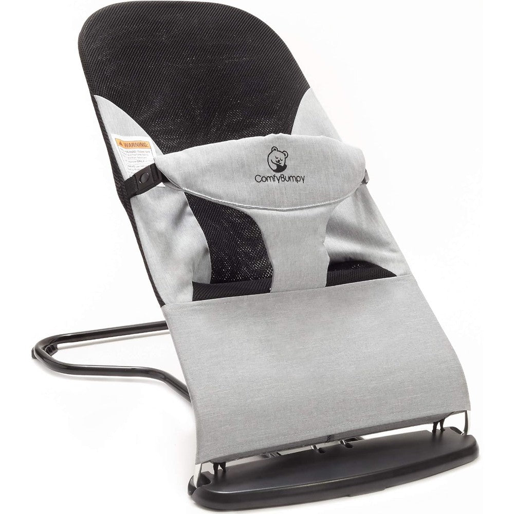 ComfyBumpy ergonomic baby bouncer seat grey front view portable infant chair