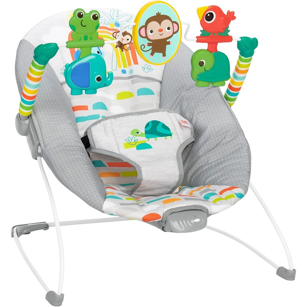 Bright Starts Playful Paradise baby bouncer front view with toy bar