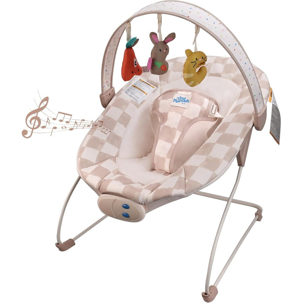 Tiny Marvels baby bouncer front view showing sand checker pattern and seat