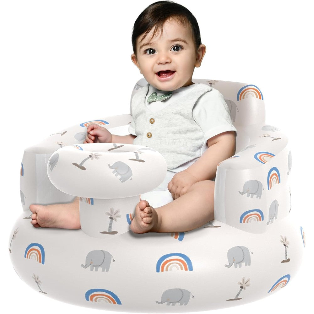GloTika inflatable baby floor seat front view with rainbow and elephant print.