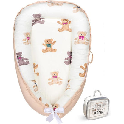 Kombi baby lounger front view in ivory teddy bear pattern