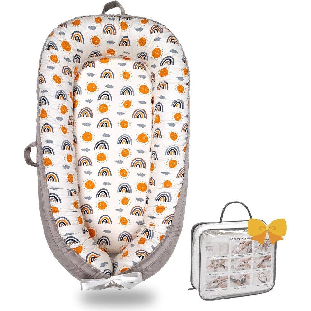 Bubbyhuts baby lounger organic cotton rainbow front view